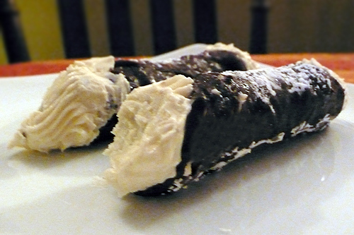 chocolate-dipped cannoli (a little roughed up from the trip home)